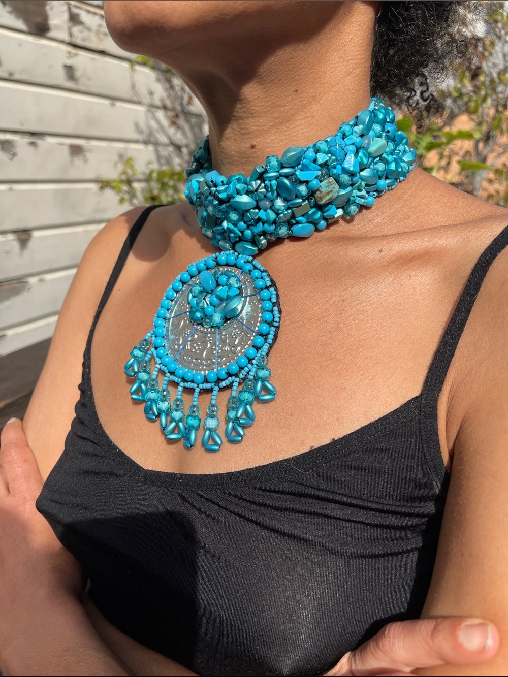 Turquoise Bead Statement Choker Necklace - Handmade